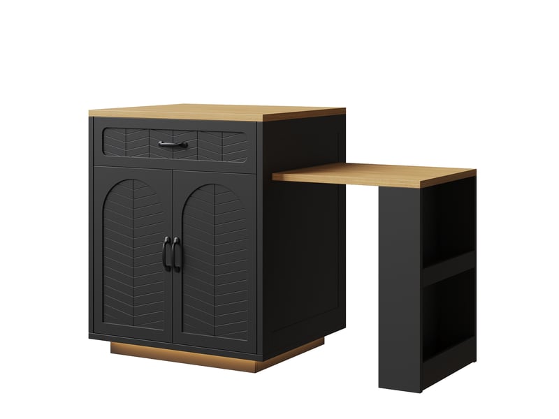  Îlot de cuisine avec table extensible 2 tiroirs et 4 portes en mdf et métal noir  - Conforama A