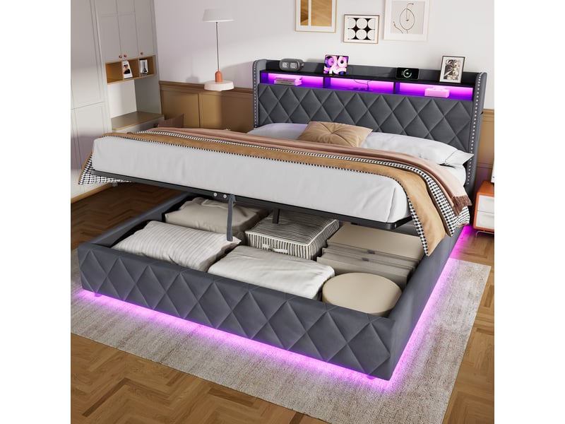  Lit coffre avec éclairage led, recharge et rangement, tête de lit avec étagère 180 × 200 cm  - Conforama B