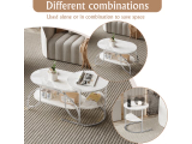  Lot de 2 tables basses 80x46x45 cm, table gigogne design marbre, avec espace de rangement, cadre en métal, pour canapé, salon, chambre (argent + blanc)  - Conforama E