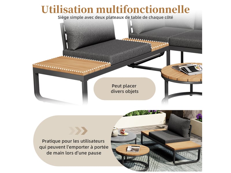  Set de jardin en fer 5 pl, coussins gris, canapés, table d'appoint, tables basses rondes  - Conforama D