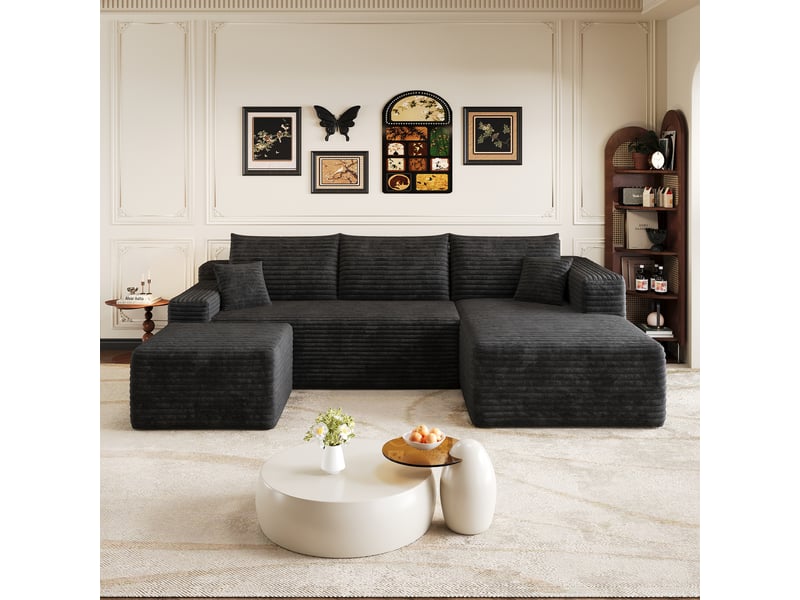  Canapé d’angle noir 4 places en tissu côtelé, 241 cm, assise profonde avec méridienne, mousse haute élasticité, sans montage  - Conforama R