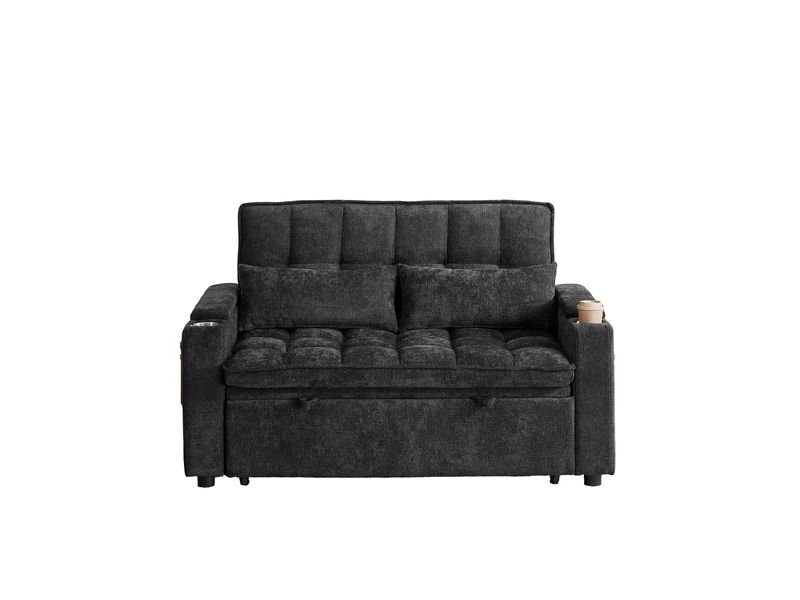  Canapé-lit tcqpz 3 en 1 convertible 142 x 89 x 89 cm en chenille noir avec rangement et porte-gobelets  - Conforama C