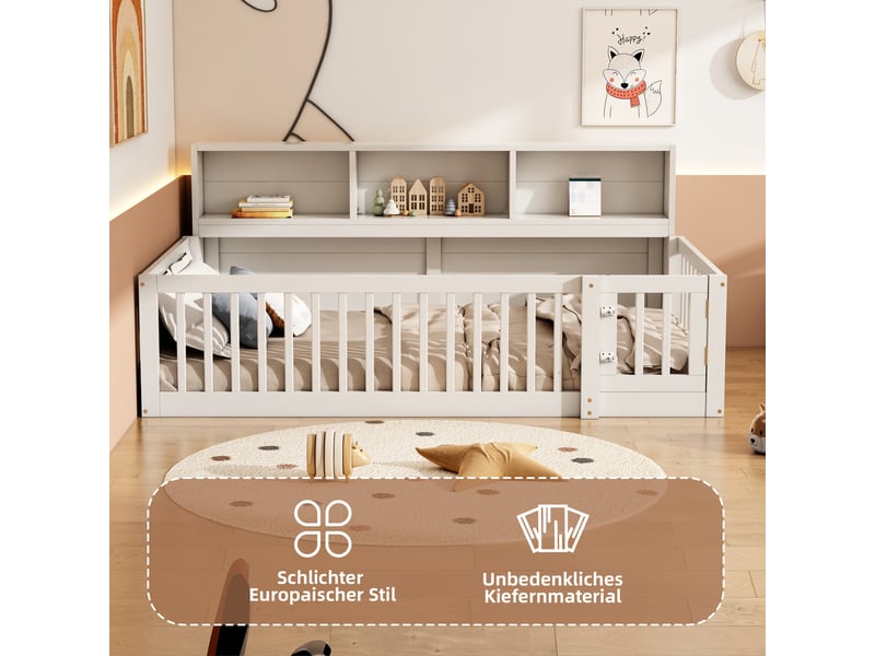  Lit banquette simple 90×200 cm avec barrières et étagères  - sans matelas, pin et mdf - blanc  - Conforama E