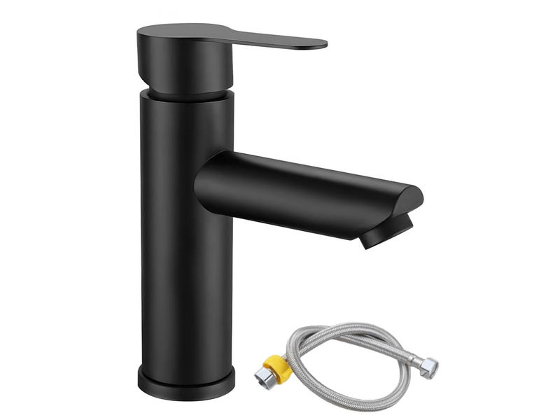 Robinet de lavabo de salle de bain, eau chaude et froide, robinet d'évier en acier inoxydable - bec droit noir, tube de 60 cm  - Conforama A