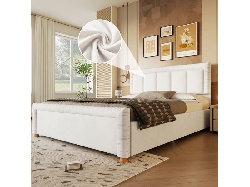  Lit 2 places 140x200 cm – beige – 2 tiroirs modulables, velours français et pieds en bois - sans matelas  - Conforama B