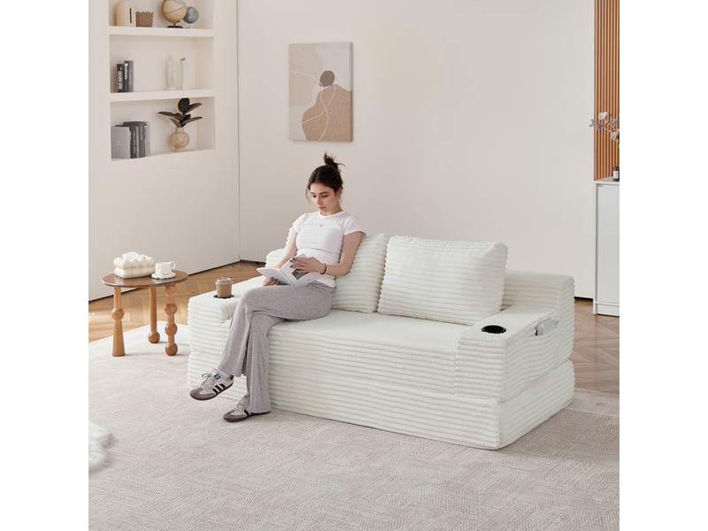 Canapé-lit convertible 2-en-1 en velours côtelé, avec 2 coussins, porte-gobelets intégrés et poches de rangement latérales - beige - Conforama B