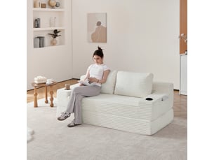 Canapé-lit convertible 2-en-1 en velours côtelé, avec 2 coussins, porte-gobelets intégrés et poches de rangement latérales - beige