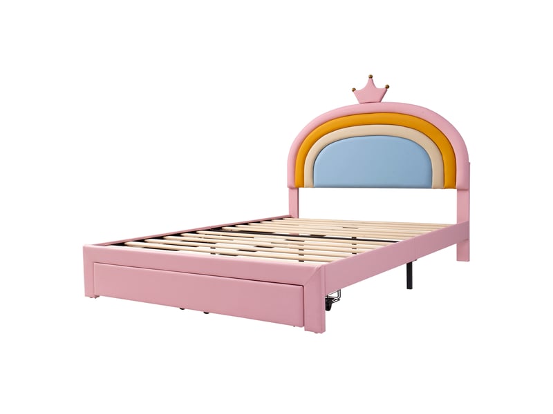  Lit enfant rembourré 140x200 cm rose, tête de lit réglable, tiroir, simili cuir  - Conforama D
