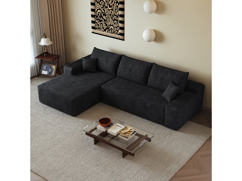  Canapé modulable 270 cm avec méridienne, canapé d'angle sans montage avec assise profonde et mousse haute élasticité, en velours côtelé, noir Seren Glow - Conforama B
