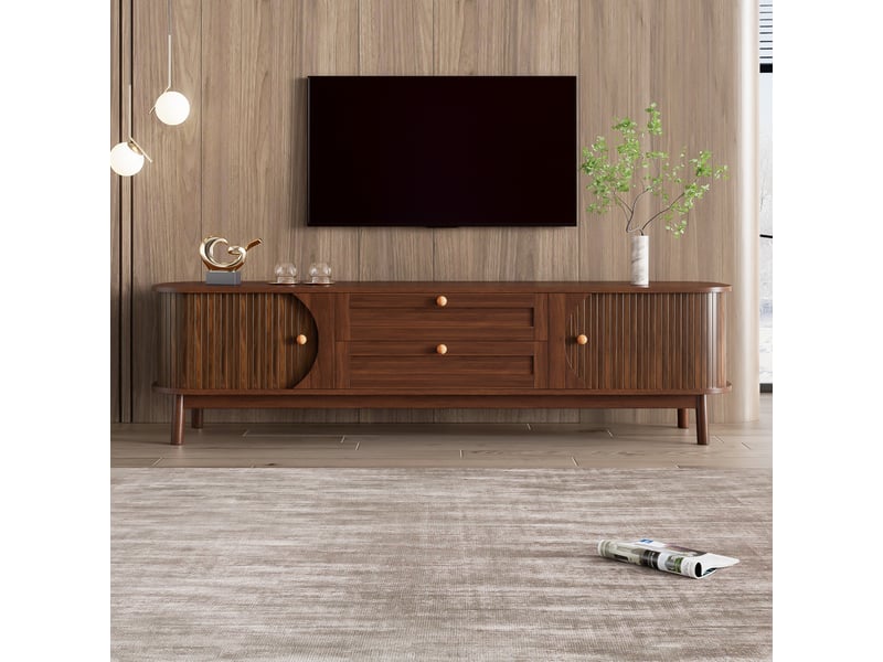  Meuble tv moderne – effet bois, tiroirs et rangements intégrés, coins arrondis, pieds en bois massif  - Conforama B