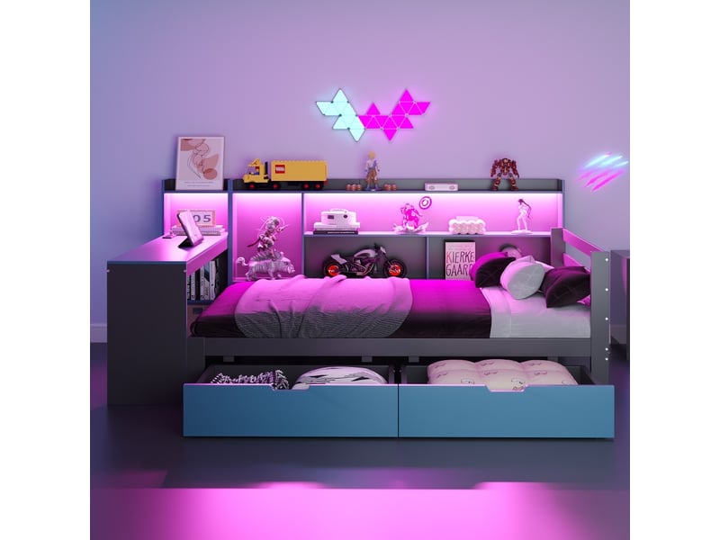 Lit-canapé, 90 x 200 cm, lit simple en bois avec bureau, bibliothèque, rangement et étagères, noir  - Conforama D