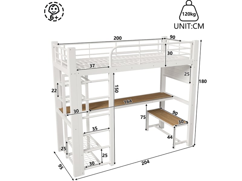 Lit mezzanine 90x200 cm en métal blanc avec bureau, rangement et éclairage led - Conforama C