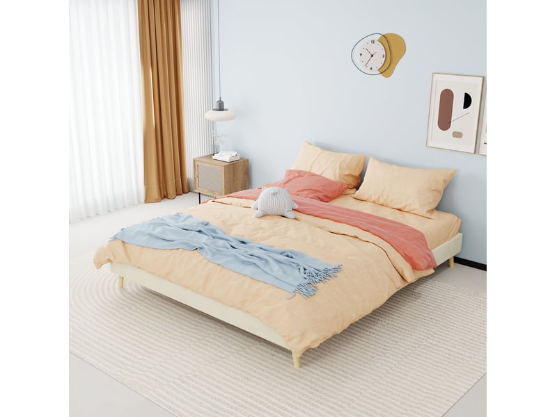  Lit adulte 160 × 200 cm, lit 2 places à structure basse en tissu velours, sans tête de lit ni matelas, beige  - Conforama B