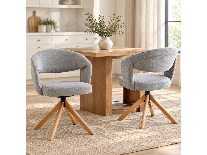 Chaises de salle à manger lot de 2 pivotantes 360° - dossier incurvé, bois massif et tissu structuré - gris - Conforama C