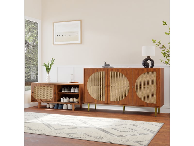 Ensemble buffet et meuble à chaussures en rotin, finition noyer, commode 3 portes et rangement à 2 portes coulissantes pour salon - Conforama B