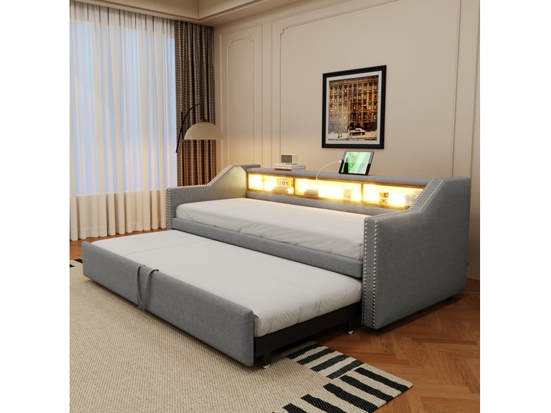  Modenvie banquette-lit gigogne 90180x190 cm - avec rangement, led et port usb, avec 2 matelas - gris  - Conforama E