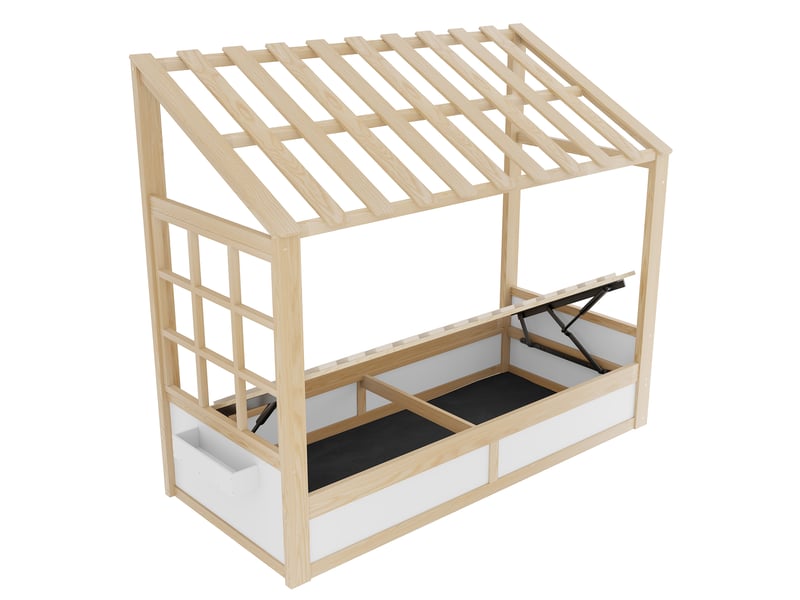  Lit coffre enfant 90x200 cm - lit avec rangement hydraulique et rangements latéraux - structure maison en bois - blanc naturel  - Conforama E