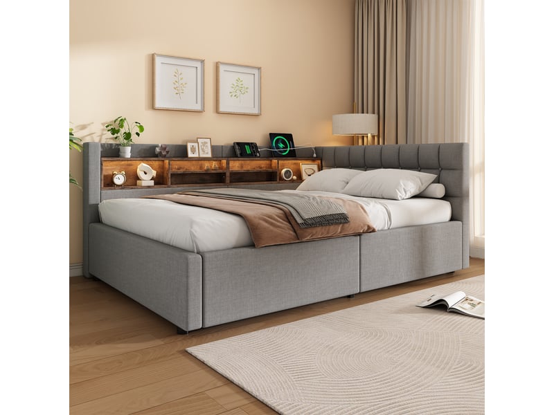  Lit coffre hydraulique 140x200 cm avec led dimmable, étagères, usb et tête réversible, tissu lin gris, sans matelas  - Conforama W