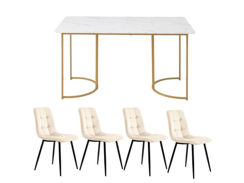  Ensemble salle à manger 5 pièces: table 140×80 cm, 4 chaises, plateau mdf blanc, pieds métal doré, velours beige  - Conforama A