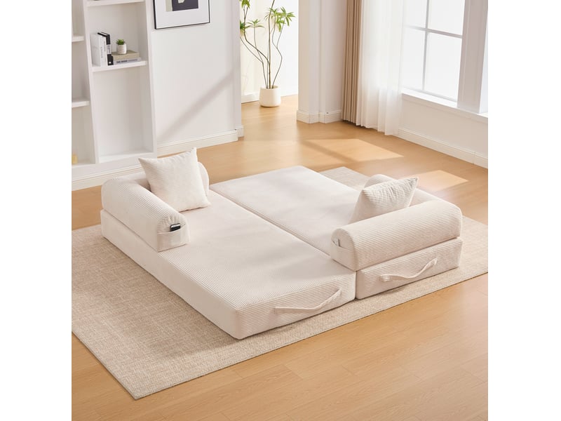  Canapé convertible 200x94x67 cm à 3 places avec poches latérales, 3 coussins, structure métal, velours côtelé beige  - Conforama D