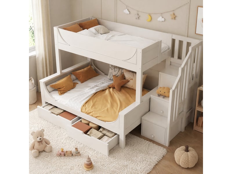 Lit superposé enfant avec escalier de rangement et tiroirs, 90x200 et 140x200 cm, blanc  - Conforama B