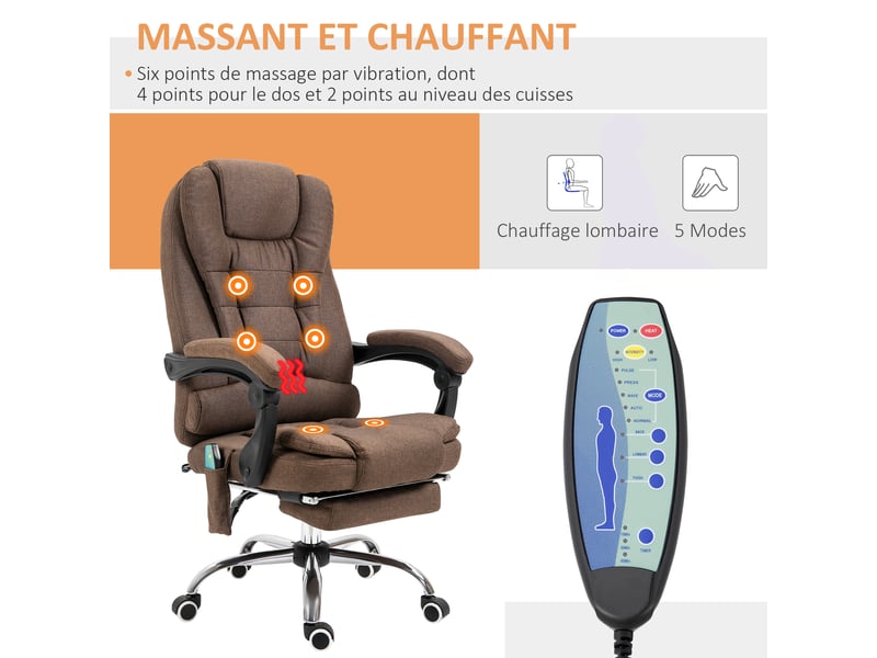  Fauteuil de bureau direction massant chauffant hauteur réglable dossier inclinable repose-pied + coussin lombaires  - Conforama E