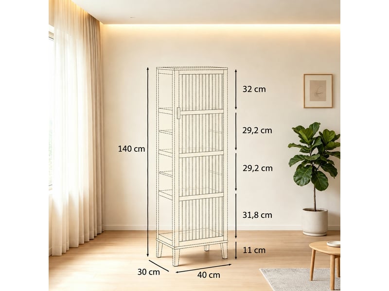  Colonne de rangement en bambou naturel avec porte à lattes, 40 x 30 x 140 cm  - Conforama C