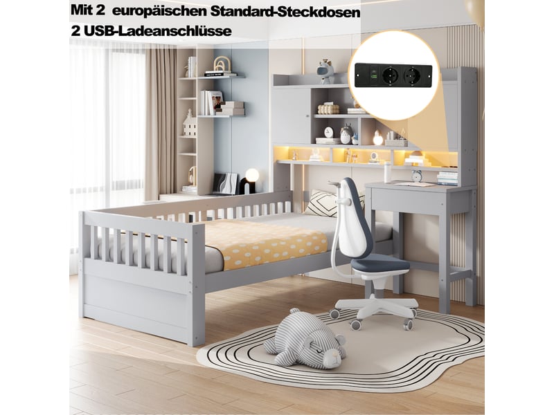  Lit avec bureau intégré 90x200 cm - éclairage led - grand rangement - sommier à lattes - avec tiroirs - bois massif - noir et bois naturel CozyNest - Conforama E