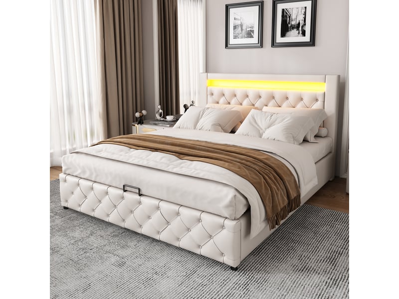  Lit coffre 140 × 190 cm, revêtement pu, sommier à lattes, rangement hydraulique, éclairage led, sans matelas, blanc  - Conforama D