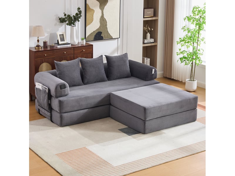  Canapé droit modulable convertible 3 places en velours côtelé gris foncé avec pouf et poche latérale  - Conforama B