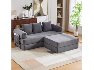 Canapé droit modulable convertible 3 places en velours côtelé gris foncé avec pouf et poche latérale