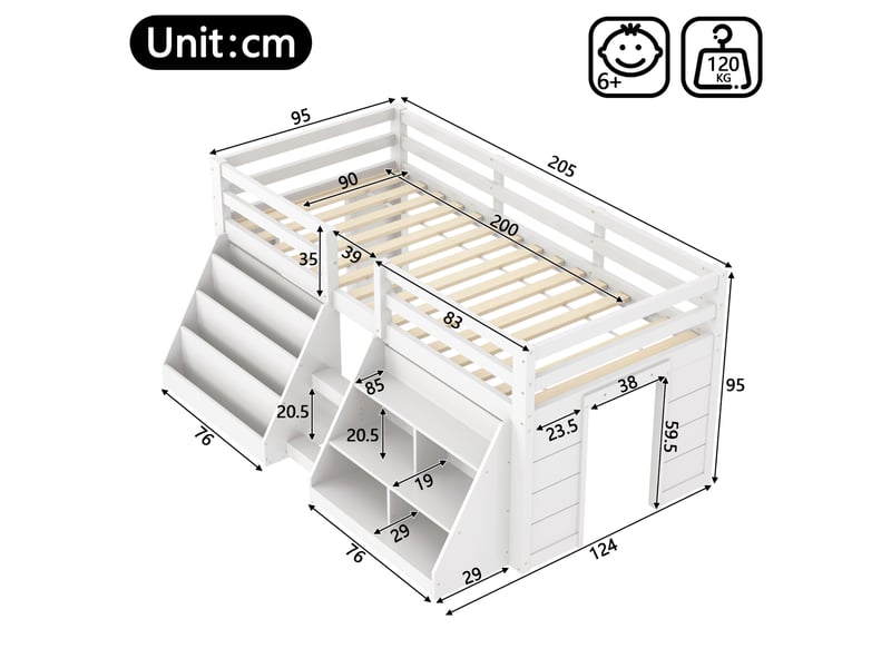  Lit mi-hauteur enfant 90x200 cm avec rangements led blanc  - Conforama C