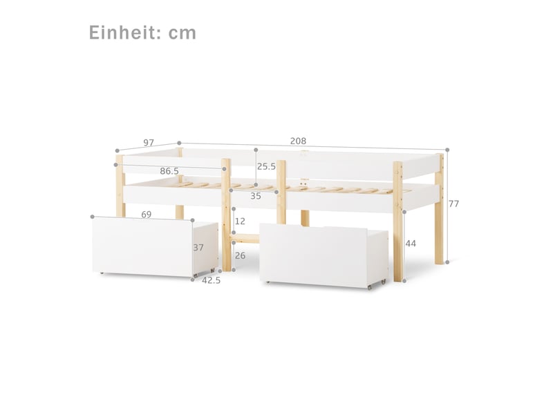  Lit enfant mi-hauteur 90x200 cm avec tiroirs et barrière blanc et chêne clair  - Conforama E