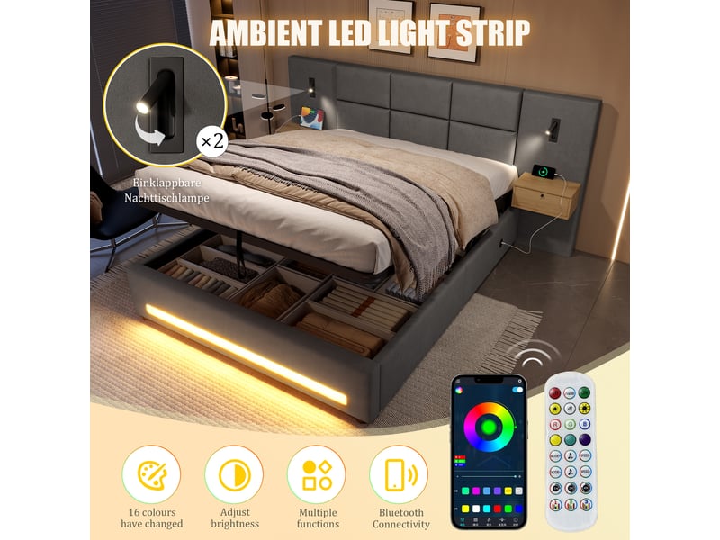  Lit double rembourré 180x200 cm avec led et port usb-c, gris foncé, lit double hydraulique avec tête de lit en velours et tiroir  - Conforama W