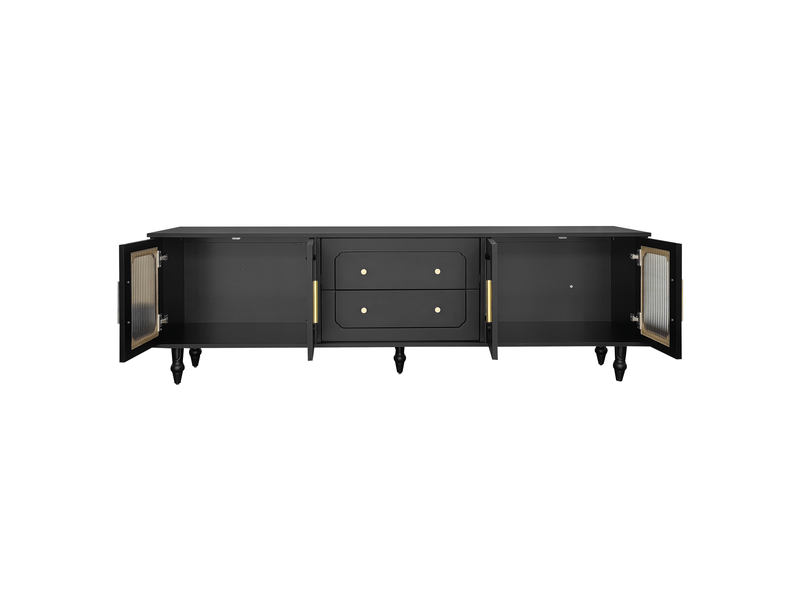  Meuble tv 4 portes vitrées et tiroirs push-to-open pour salon 177×38×55,5 cm panneaux de particules noir  - Conforama A