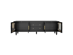 Meuble tv 4 portes vitrées et tiroirs push-to-open pour salon 177×38×55,5 cm panneaux de particules noir