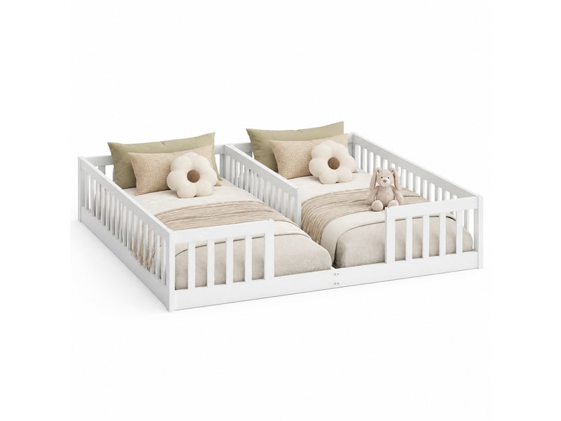 Lit enfant 2 places 90 × 200 cm et 90 × 200 cm avec barrières, sans matelas, en bois et mdf, blanc - Conforama A
