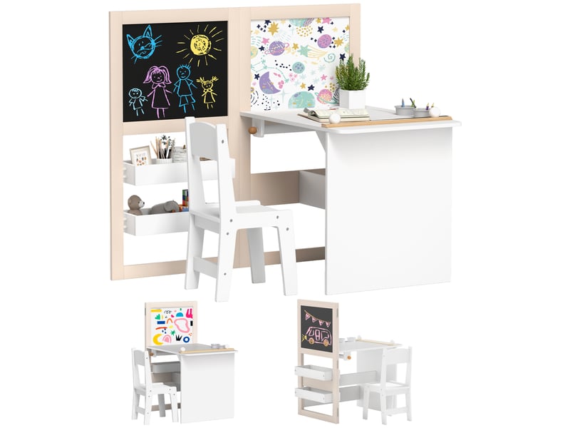  Ensemble table et chaises pour enfants de 3 à 8 ans avec tableau noir, tableau blanc, boîtes de rangement et rouleau de papier, blanc  - Conforama A