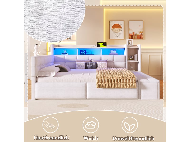  Lit de jour canapé-lit, 140 × 190 cm, blanc, velours, 2 tiroirs, banquette coffre, rangements, led, usb + type-c, sans matelas  - Conforama C