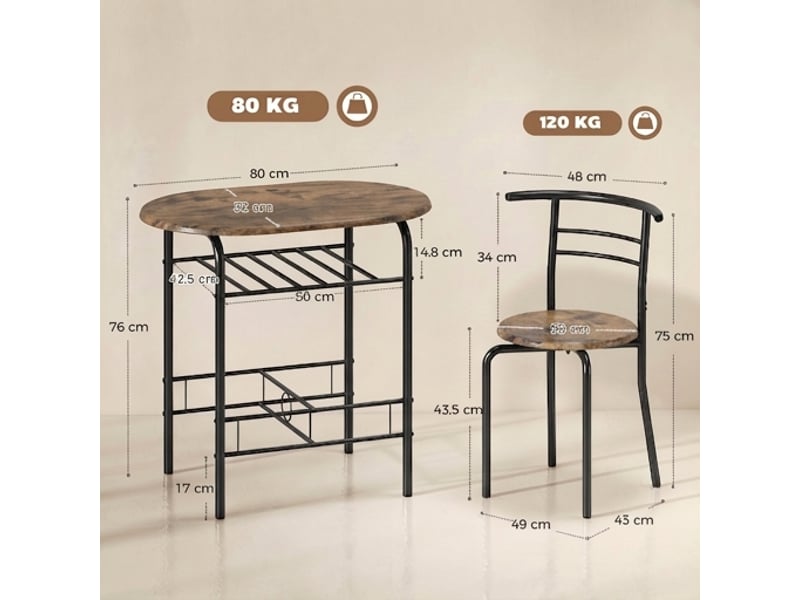  Ensemble table et 2 chaises de salle à manger, 80x52x76 cm, style industriel marron rustique  - Conforama C