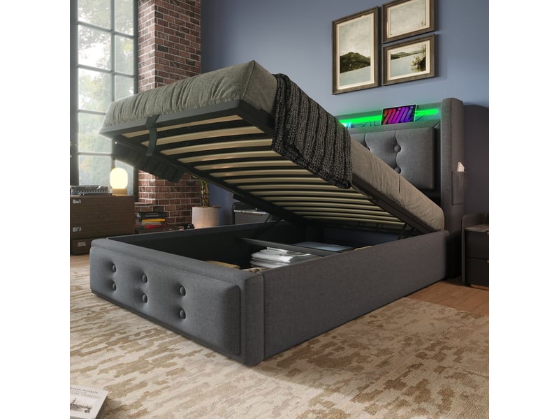  Lit rembourré, lit enfant 90x200 cm, rangement hydraulique, led, usb, sommier à lattes, charge 150 kg, lin gris, matelas inclus  - Conforama E