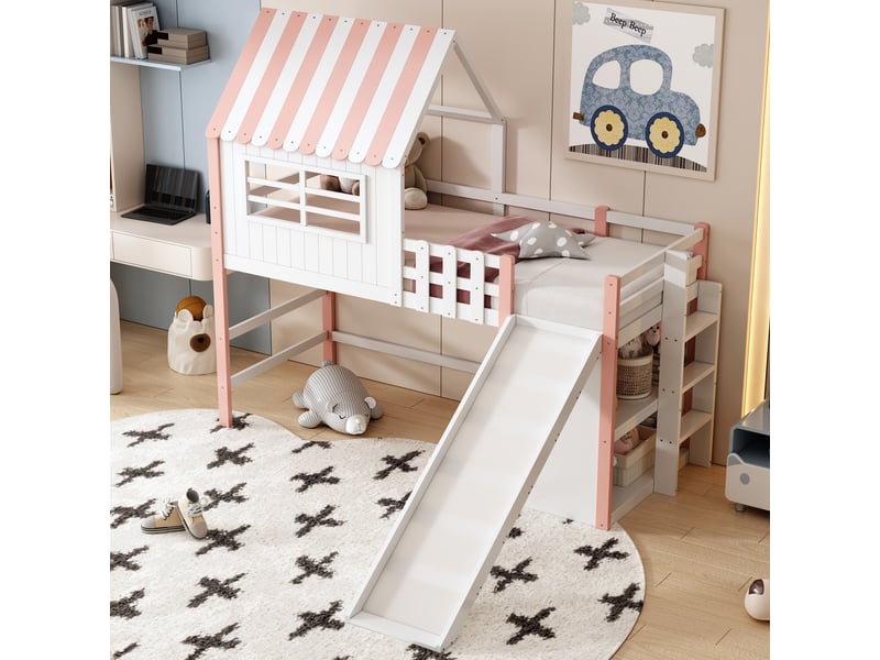  Lit mezzanine enfant rose avec toboggan 90x200 cm - bois massif et rangements intégrés  - Conforama B