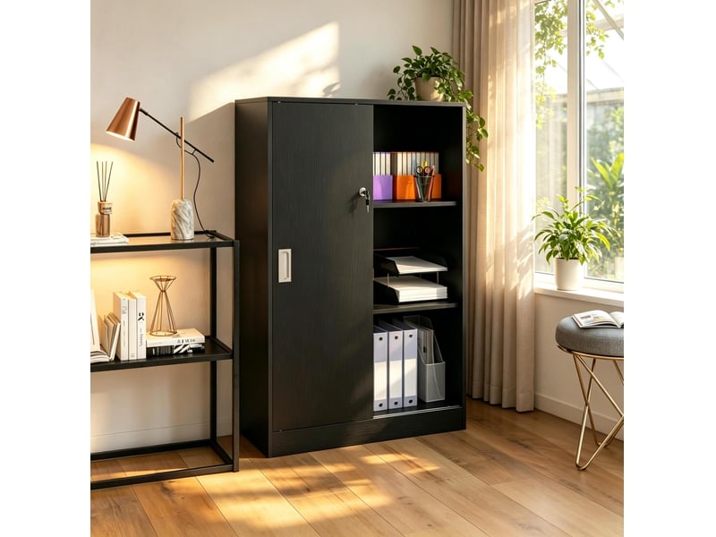  Armoire à documents noire 80 x 40 x 120 cm avec portes coulissantes verrouillables  - Conforama D