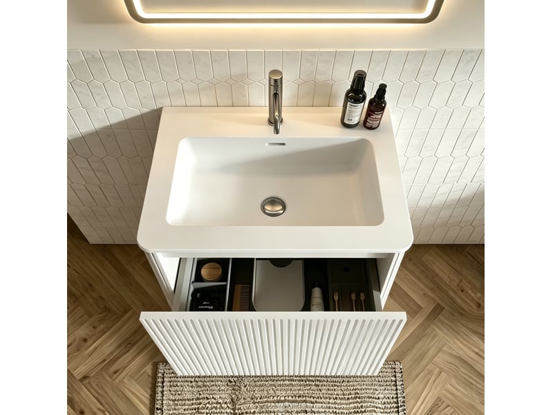  Meuble sous vasque suspendu avec 1 tiroir, miroir led antibuée réglable pour salle de bain blanc 61 × 46,5 × 37 cm  - Conforama D