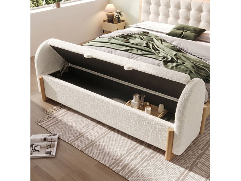  Banc coffre 166x47x61 cm blanc en chenille bouclette, rangement hydraulique avec fermeture amortie  - Conforama B