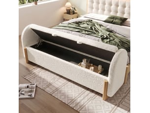 Banc coffre 166x47x61 cm blanc en chenille bouclette, rangement hydraulique avec fermeture amortie