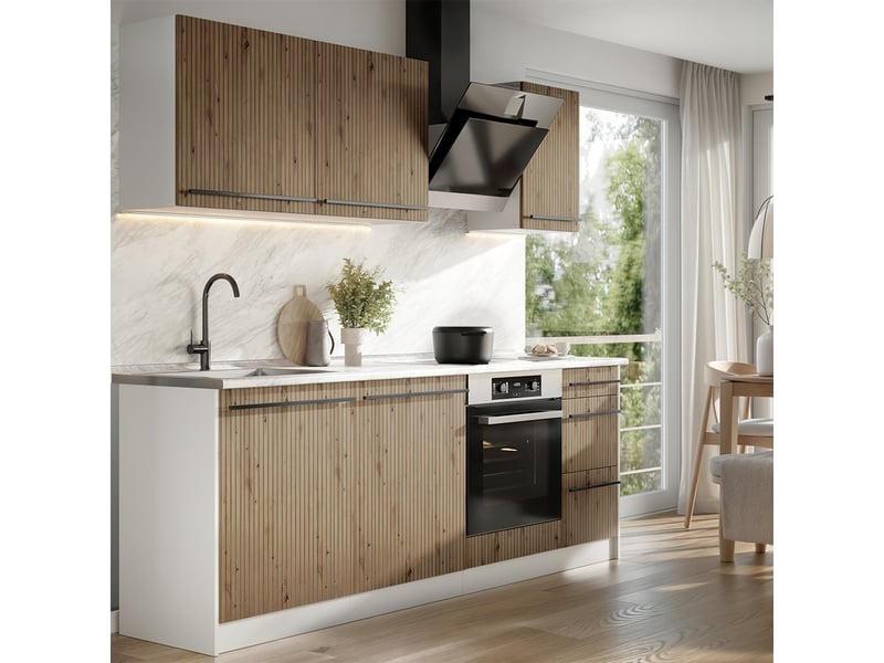  Vicco cuisine, chêne artisanblanc, 220cm plan de travail marbre  - Conforama C