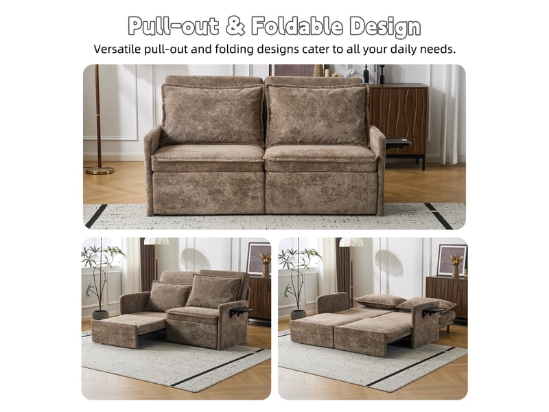 Canapé convertible 3-en-1 à dossier réglable 5 positions et ports usb - poches latérales, chenille marron - Conforama C