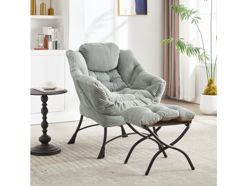  Fauteuil avec pouf et poche latérale, assise ergonomique en acier et tissu flanelle vert clair  - Conforama B