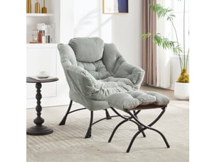 Fauteuil avec pouf et poche latérale, assise ergonomique en acier et tissu flanelle vert clair